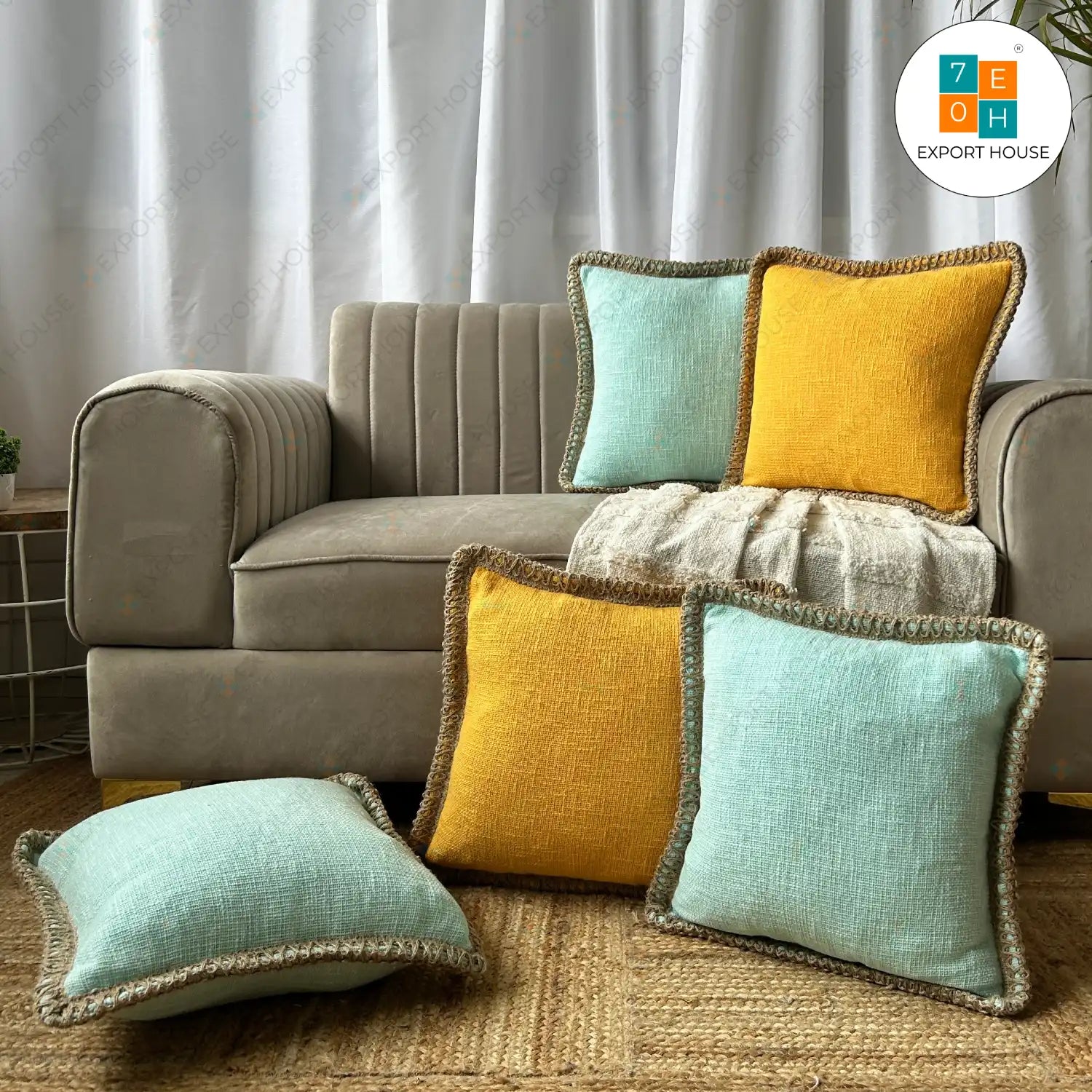 Slub Cotton Plain Cushion Cover - Premium Set of 5, Size:40cm X 40cm (16" X 16")