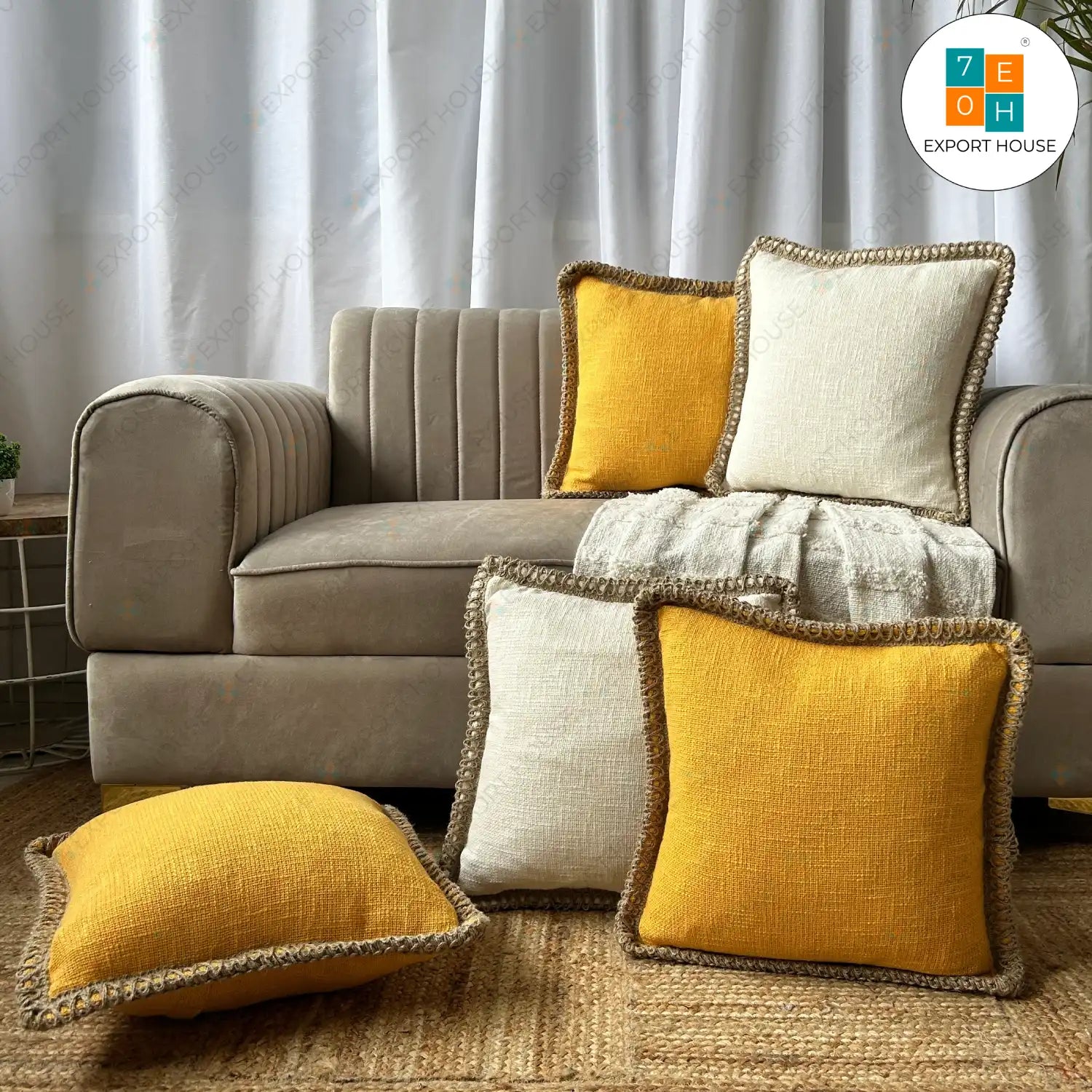 Slub Cotton Plain Cushion Cover - Premium Set of 5, Size:40cm X 40cm (16" X 16")