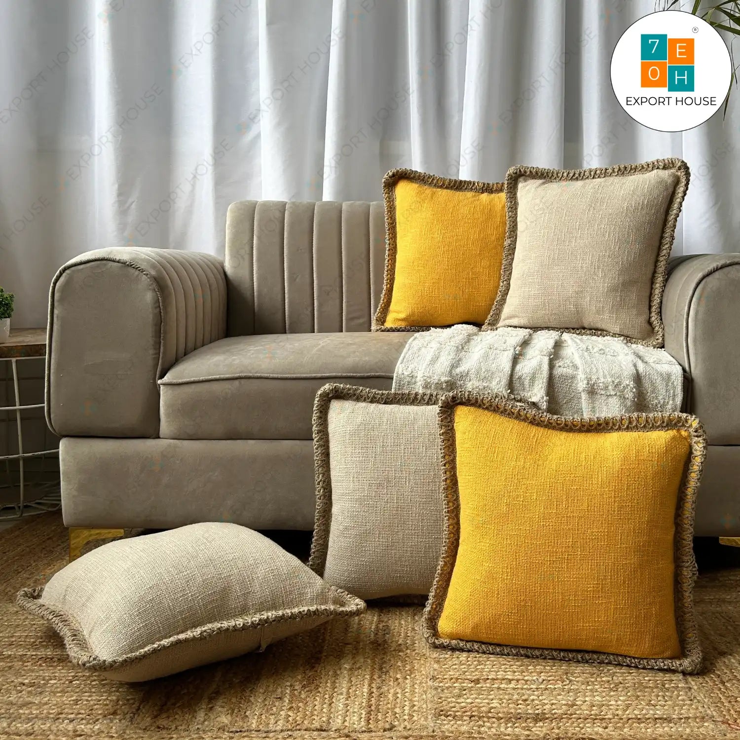 Slub Cotton Plain Cushion Cover - Premium Set of 5, Size:40cm X 40cm (16" X 16")