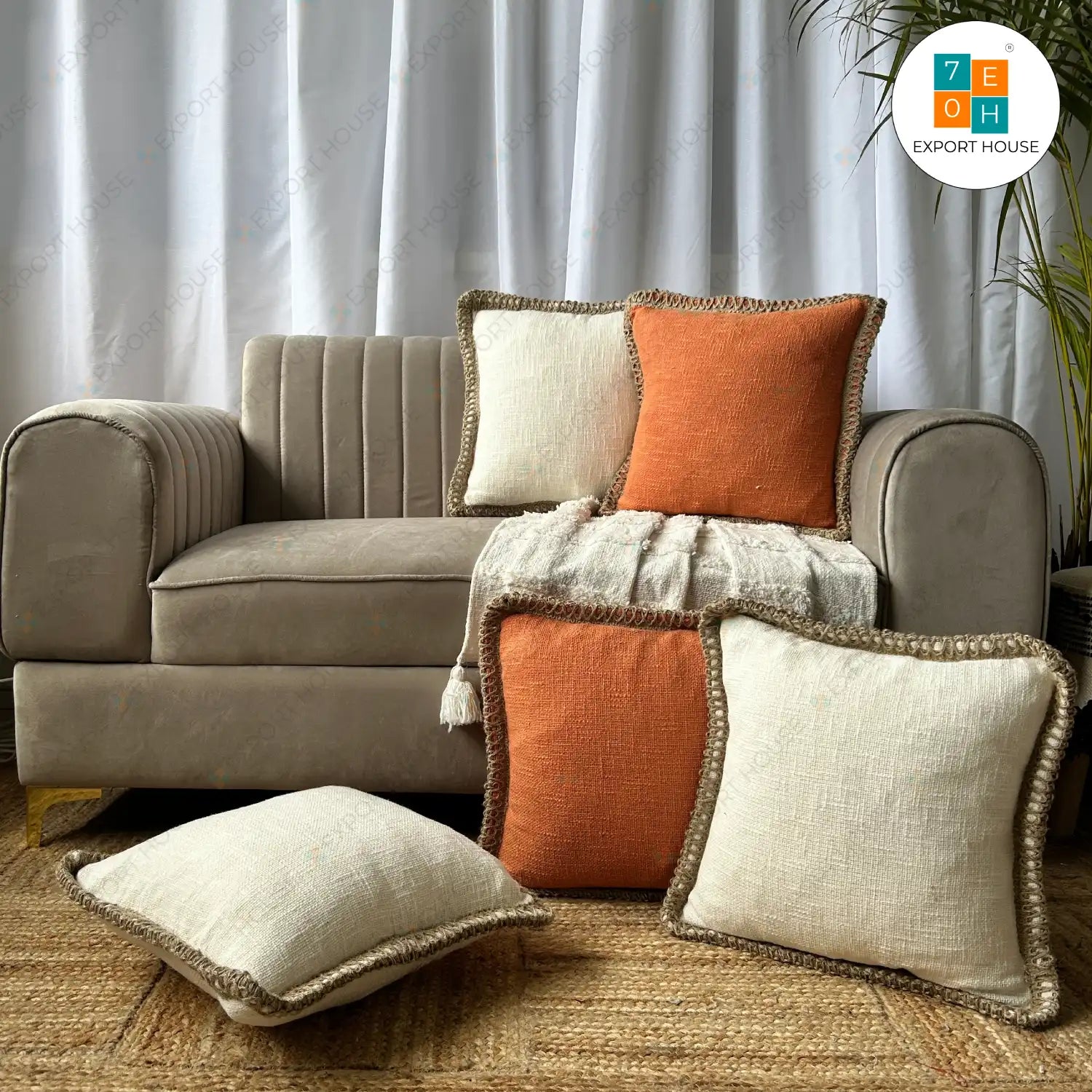 Slub Cotton Plain Cushion Cover - Premium Set of 5, Size:40cm X 40cm (16" X 16")