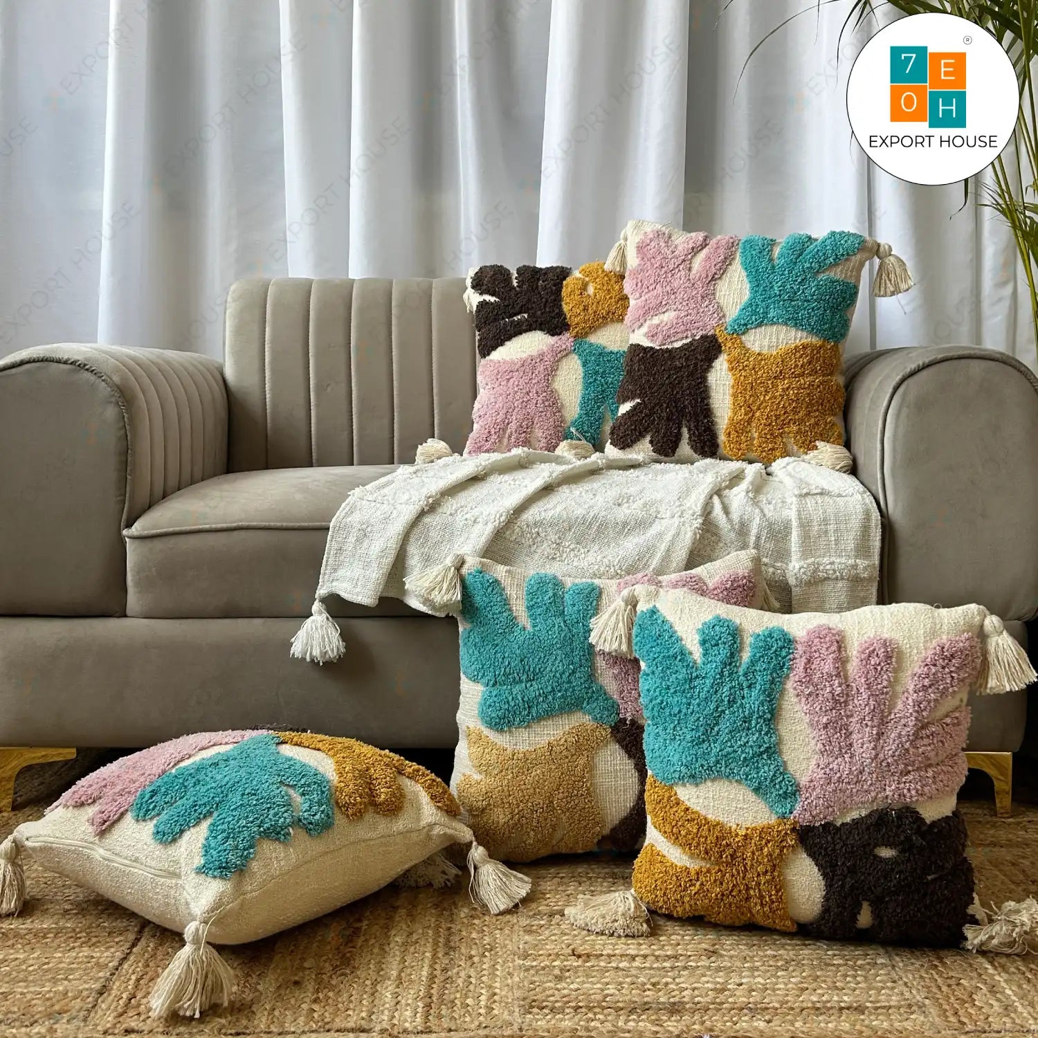 Slub Cotton Tufted Cushion Cover - Premium Set of 5, Size:40cm X 40cm (16" X 16")