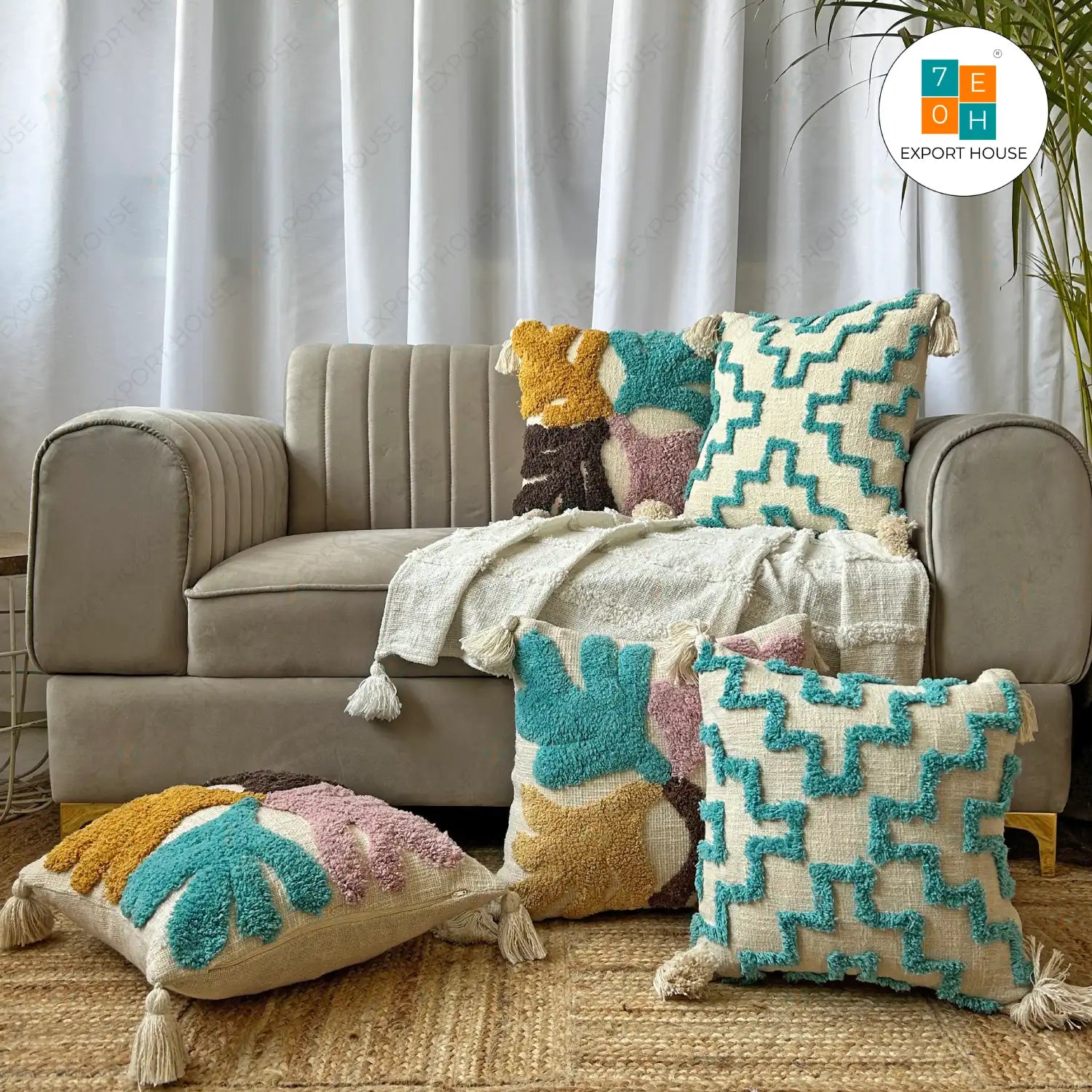 Slub Cotton Tufted Cushion Cover - Premium Set of 5, Size:40cm X 40cm (16" X 16")