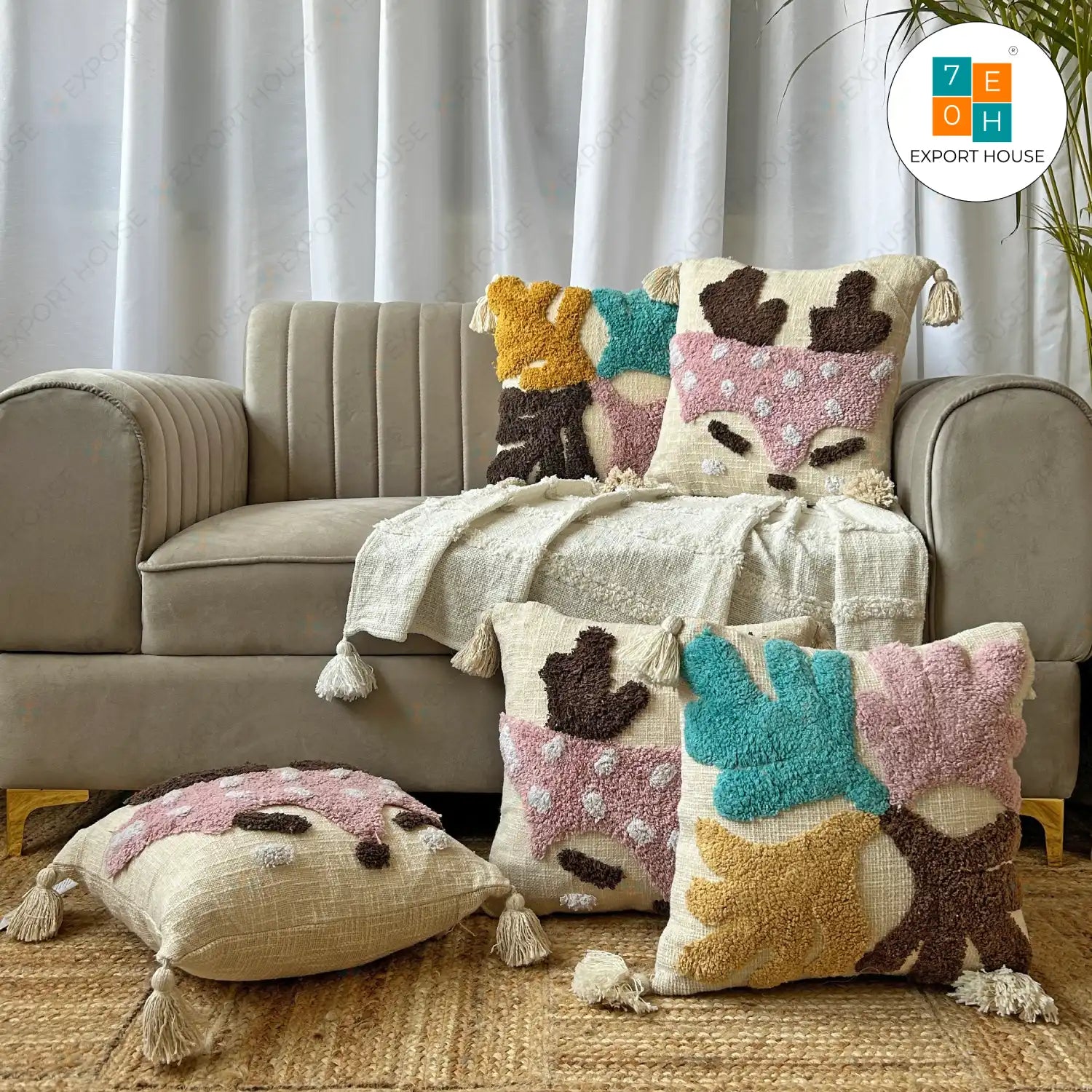 Slub Cotton Tufted Cushion Cover - Premium Set of 5, Size:40cm X 40cm (16" X 16")