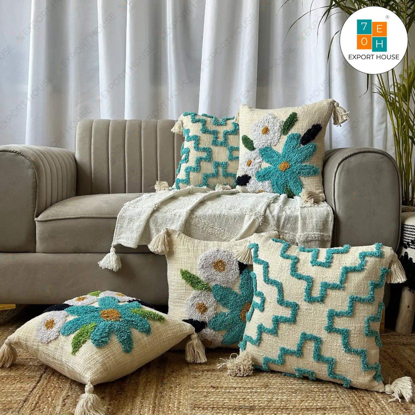 Slub Cotton Tufted Cushion Cover - Premium Set of 5, Size:40cm X 40cm (16" X 16")