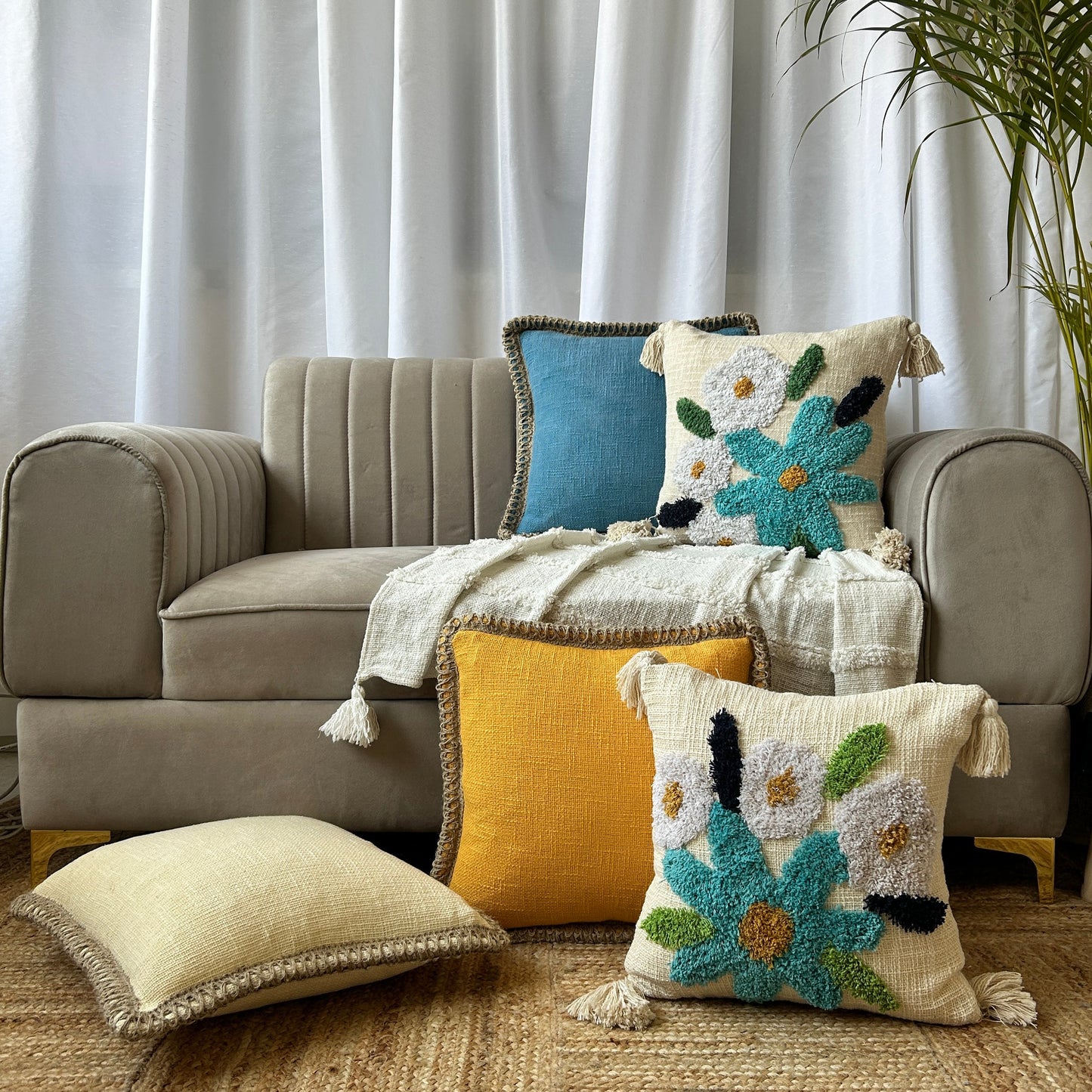 Slub Cotton Tufted Cushion Cover - Premium Set of 5, Size:40cm X 40cm (16" X 16")