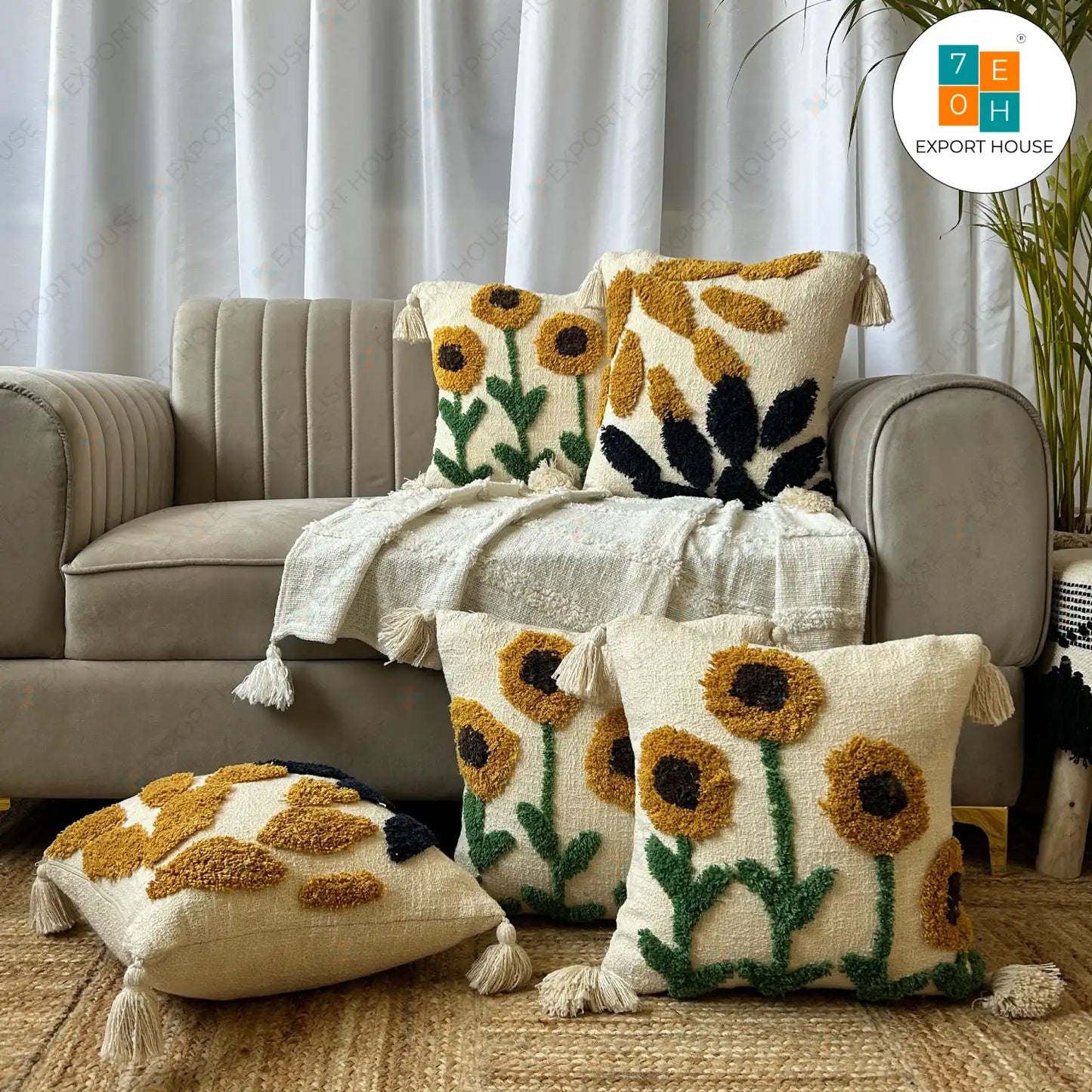 Slub Cotton Tufted Cushion Cover - Premium Set of 5, Size:40cm X 40cm (16" X 16")