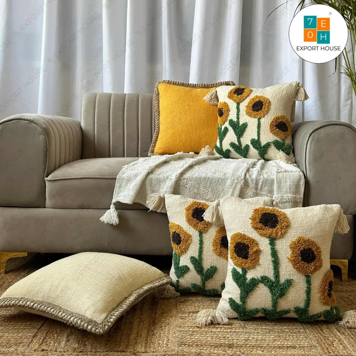 Slub Cotton Tufted Cushion Cover - Premium Set of 5, Size:40cm X 40cm (16" X 16")