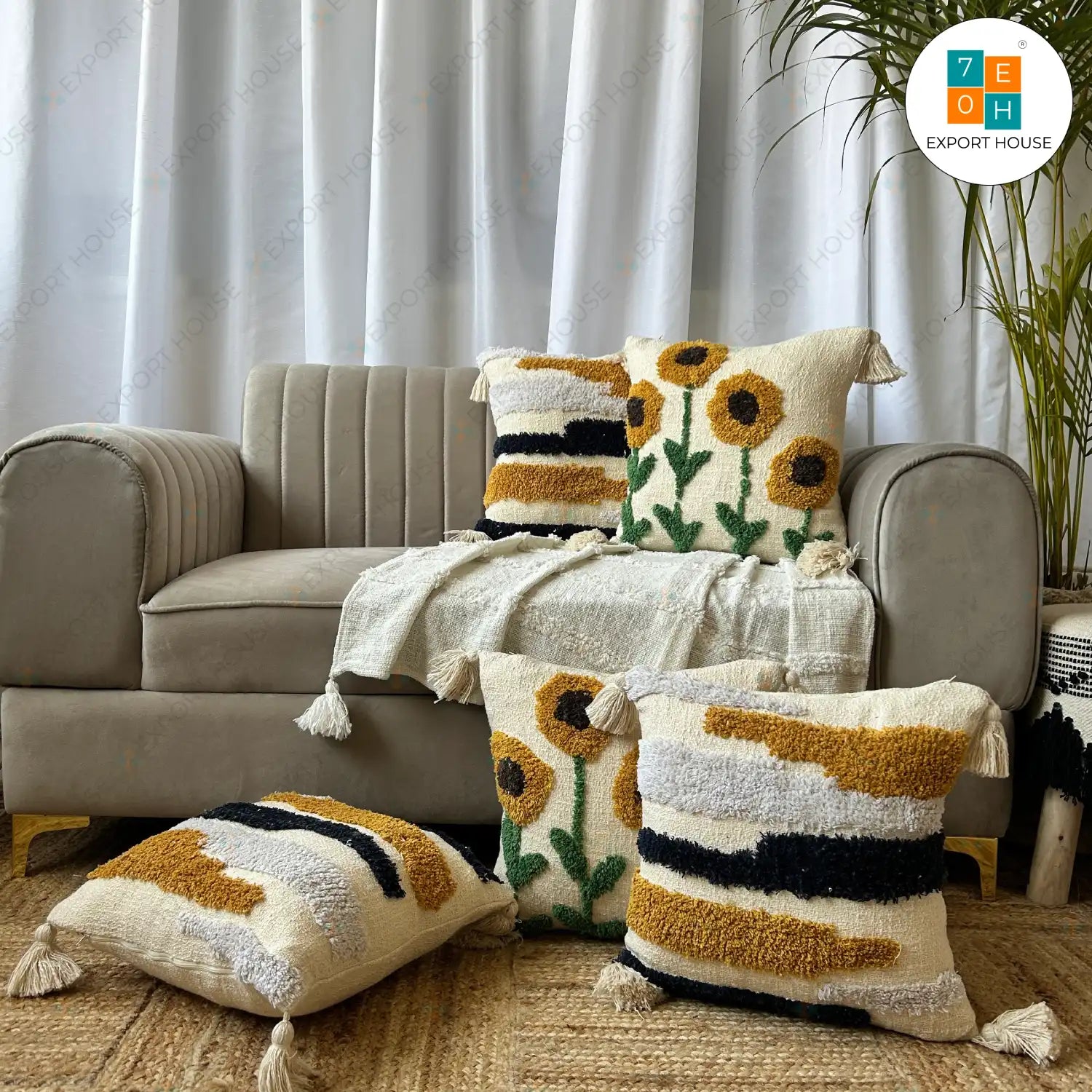 Slub Cotton Tufted Cushion Cover - Premium Set of 5, Size:40cm X 40cm (16" X 16")