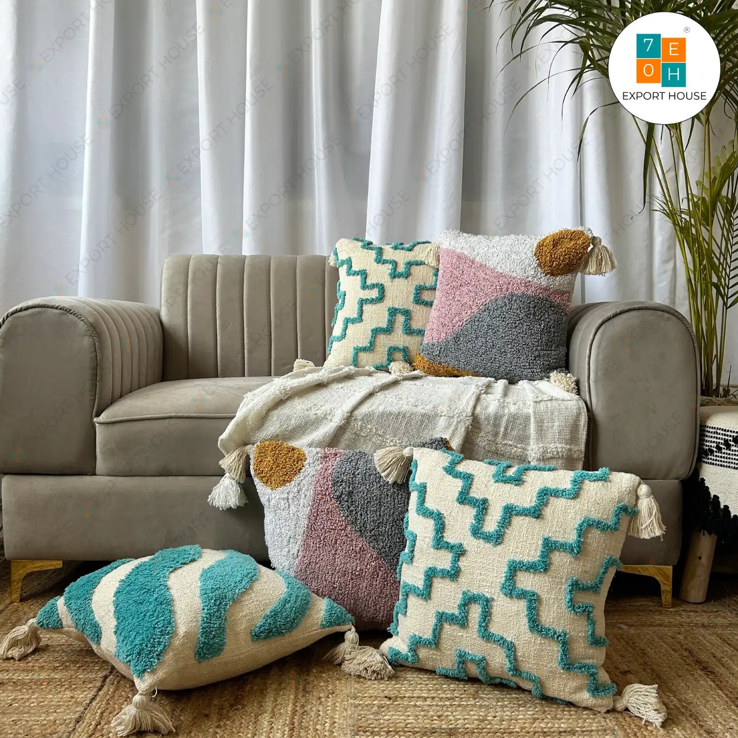 Slub Cotton Tufted Cushion Cover - Premium Set of 5, Size:40cm X 40cm (16" X 16")