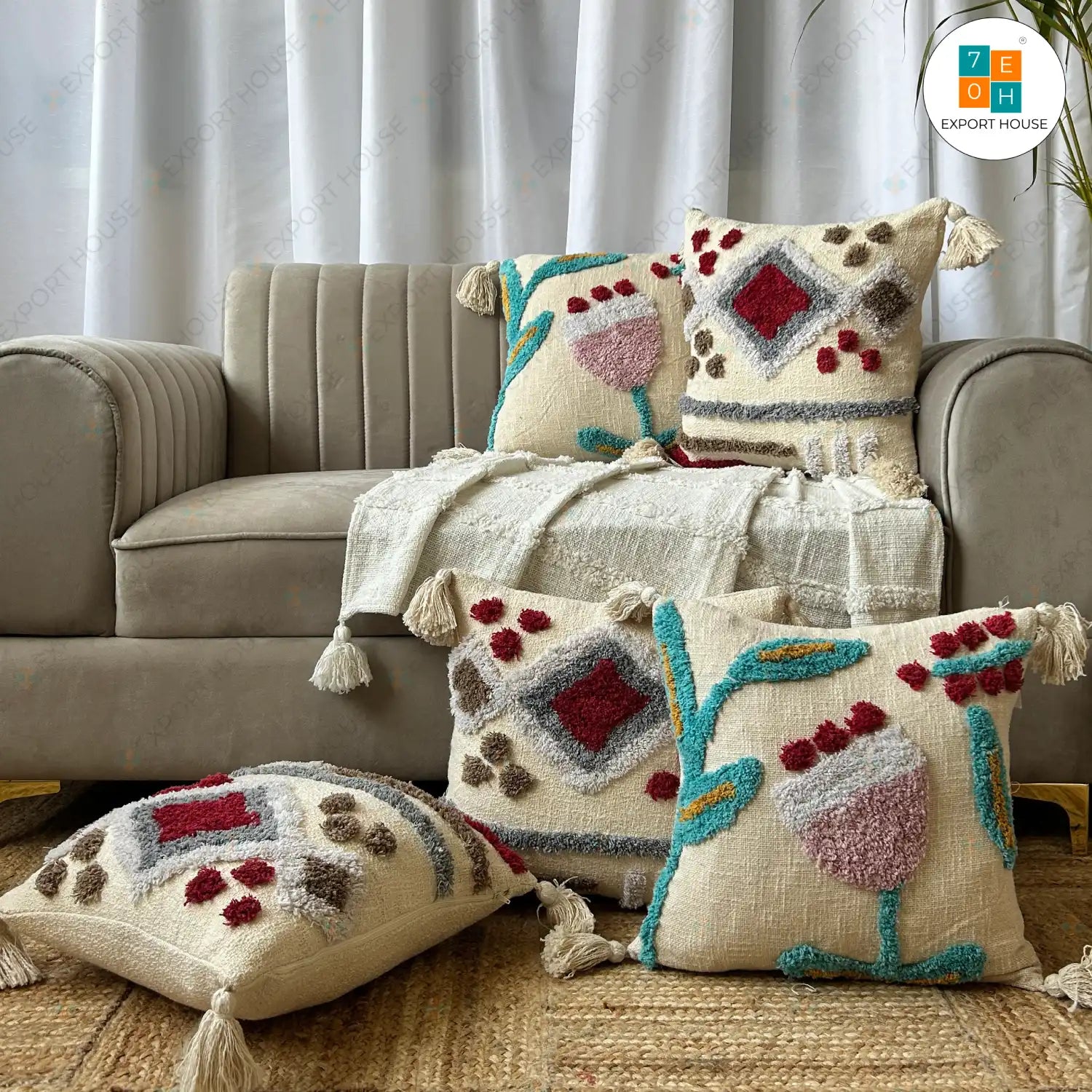 Slub Cotton Tufted Cushion Cover - Premium Set of 5, Size:40cm X 40cm (16" X 16")