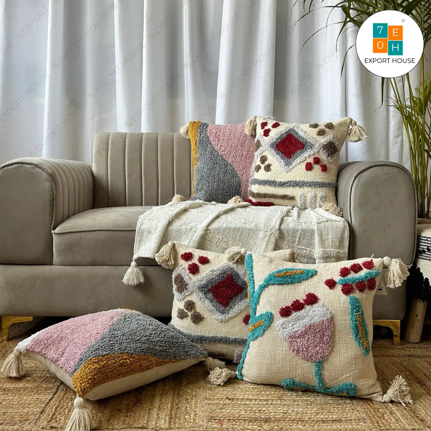 Slub Cotton Tufted Cushion Cover - Premium Set of 5, Size:40cm X 40cm (16" X 16")