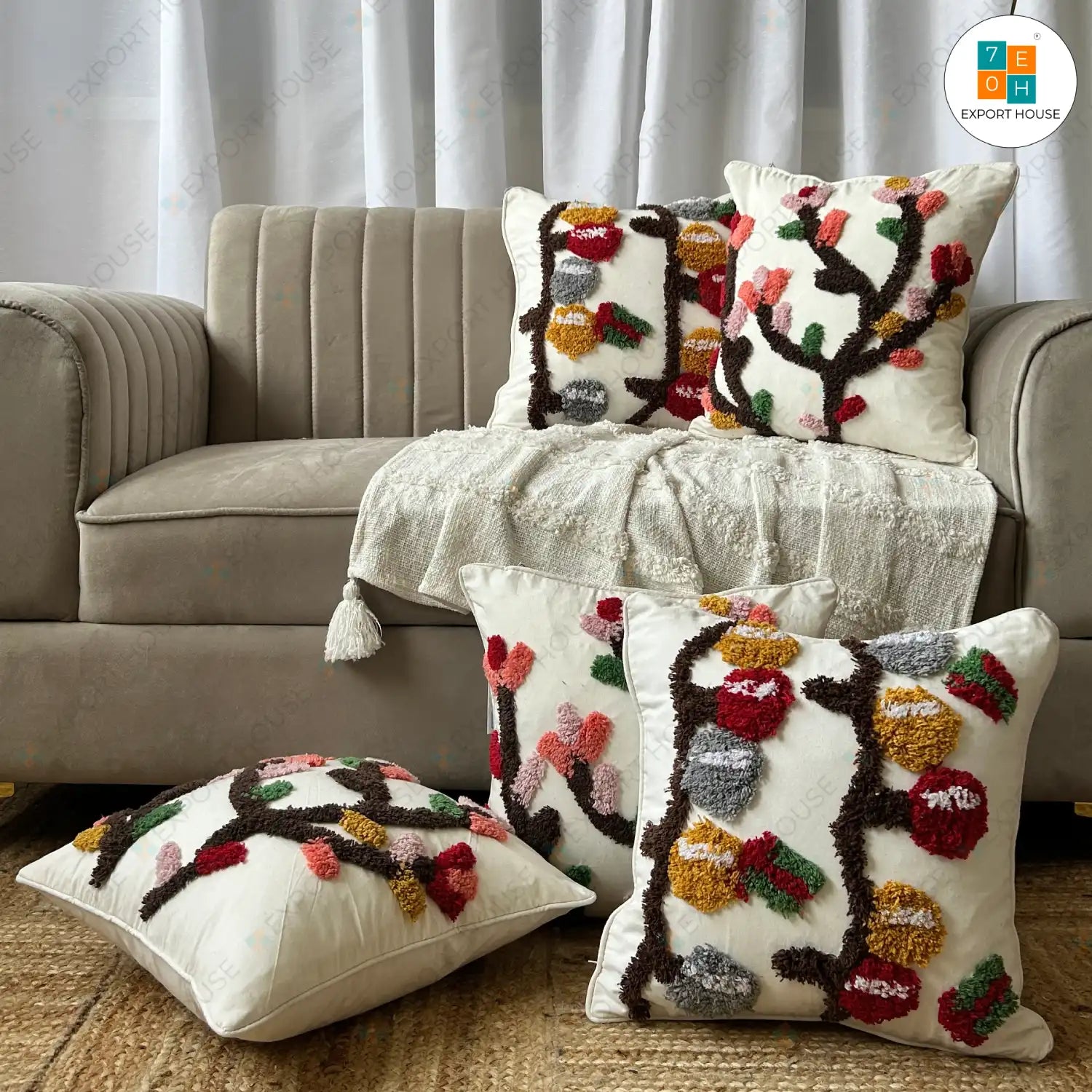 Cotton Tufted Cushion Cover - Premium Set of 5, Size:40cm X 40cm (16" X 16")