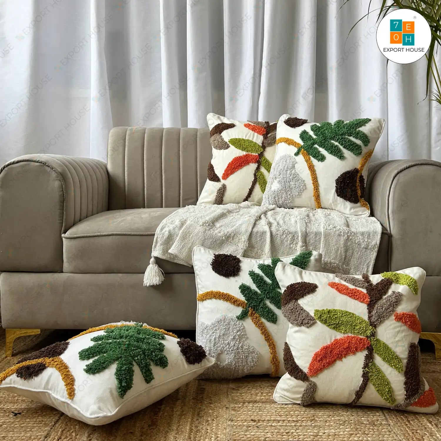 Cotton Tufted Cushion Cover - Premium Set of 5, Size:40cm X 40cm (16" X 16")