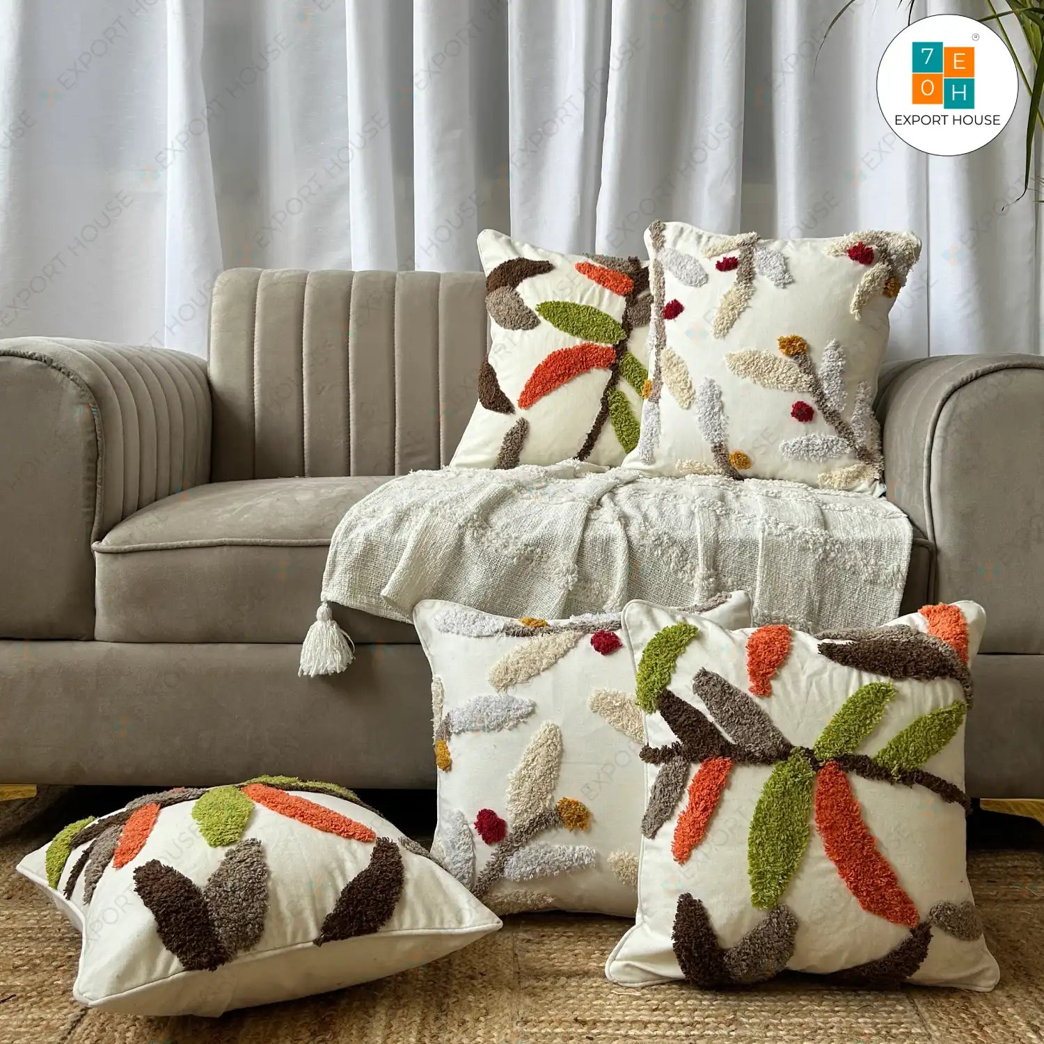 Cotton Tufted Cushion Cover - Premium Set of 5, Size:40cm X 40cm (16" X 16")