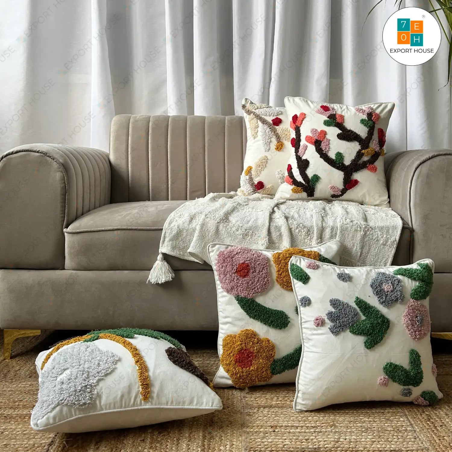 Cotton Tufted Cushion Cover - Premium Set of 5, Size:40cm X 40cm (16" X 16")