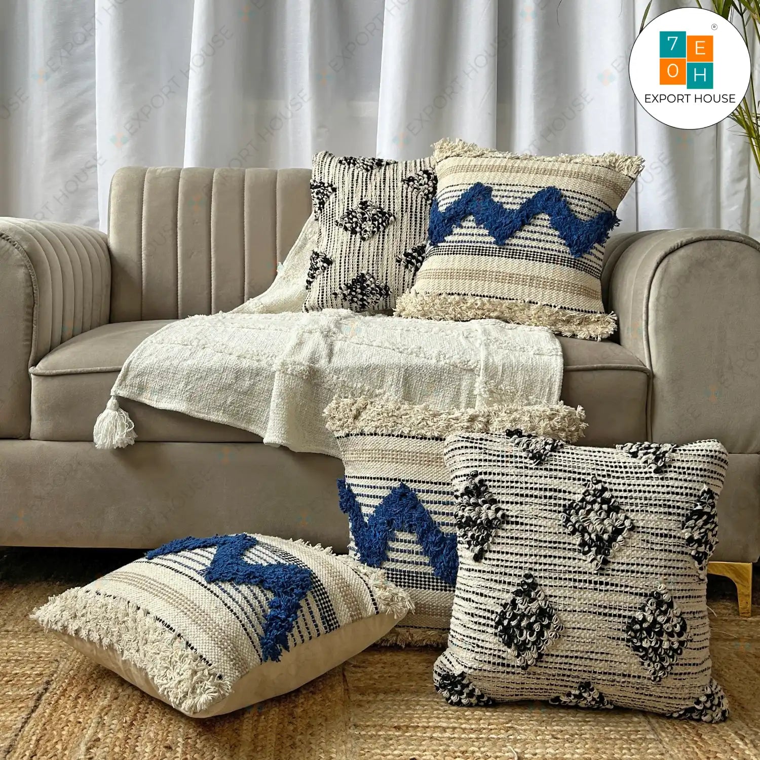 Cotton Boho Cushion Cover - Premium Set of 5, Size:40cm X 40cm (16" X 16")