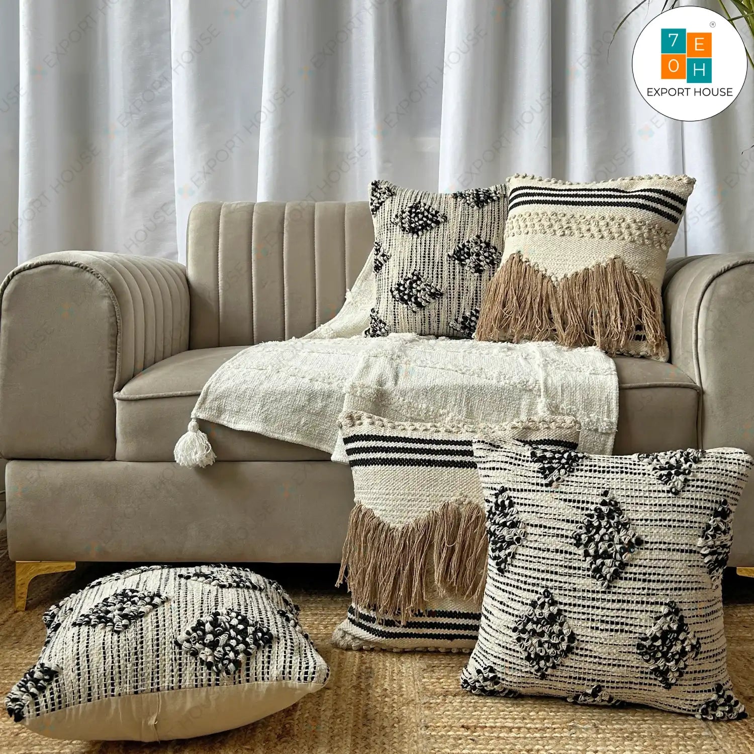 Cotton Boho Cushion Cover - Premium Set of 5, Size:40cm X 40cm (16" X 16")