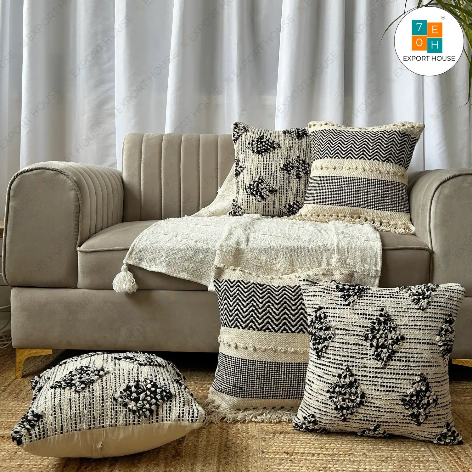 Cotton Boho Cushion Cover - Premium Set of 5, Size:40cm X 40cm (16" X 16")