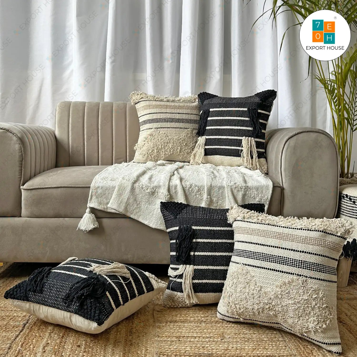 Cotton Boho Cushion Cover - Premium Set of 5, Size:40cm X 40cm (16" X 16")