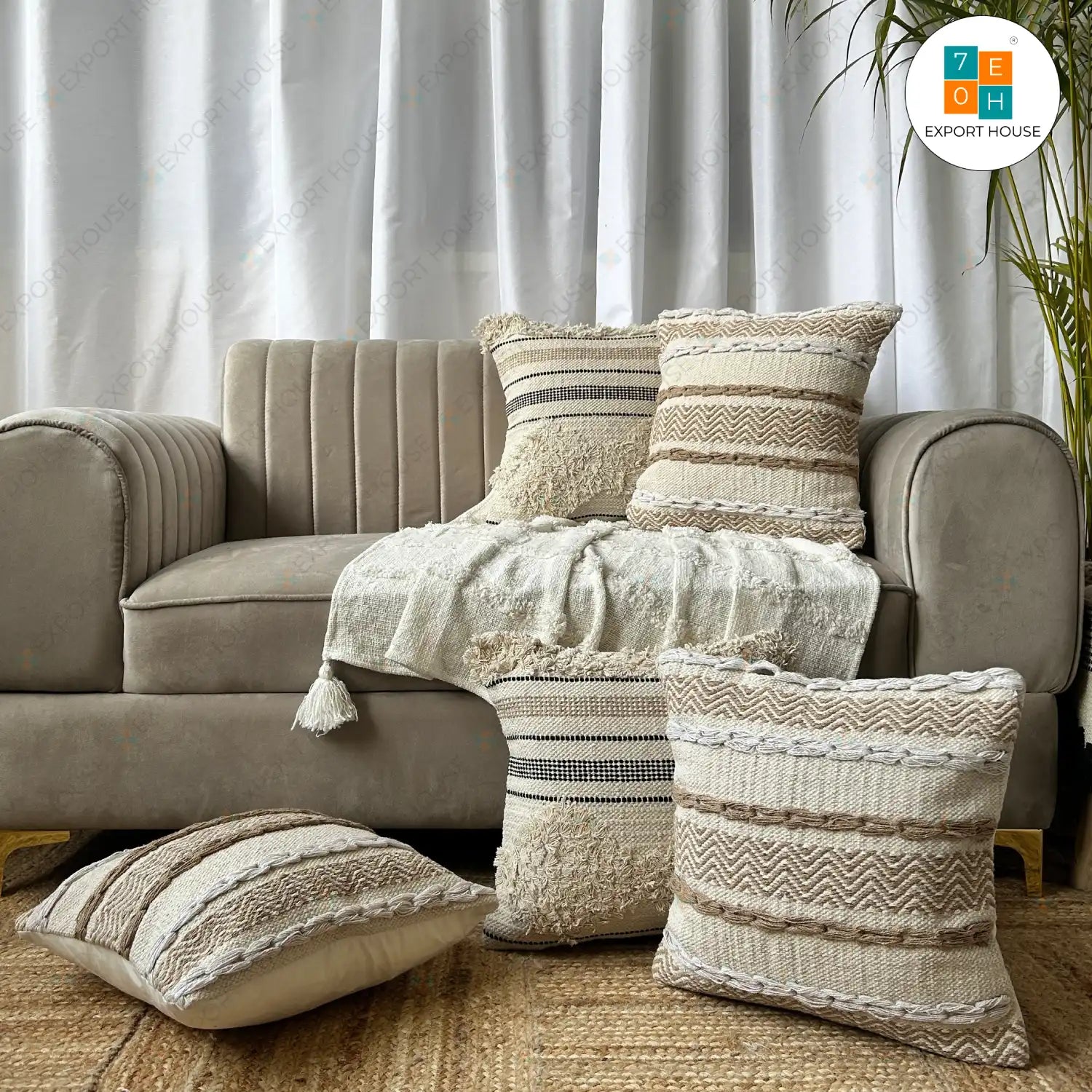 Cotton Boho Cushion Cover - Premium Set of 5, Size:40cm X 40cm (16" X 16")
