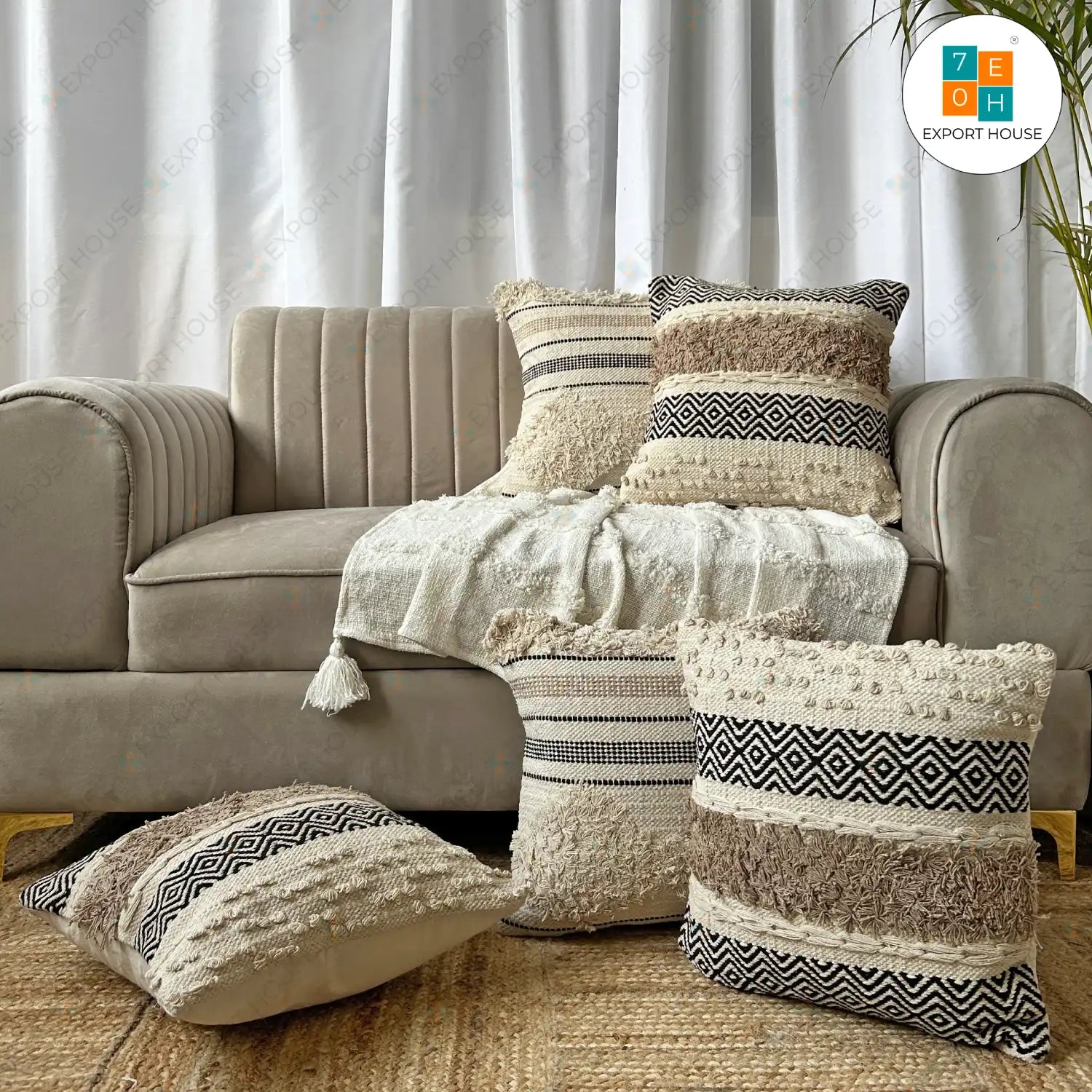 Cotton Boho Cushion Cover - Premium Set of 5, Size:40cm X 40cm (16" X 16")