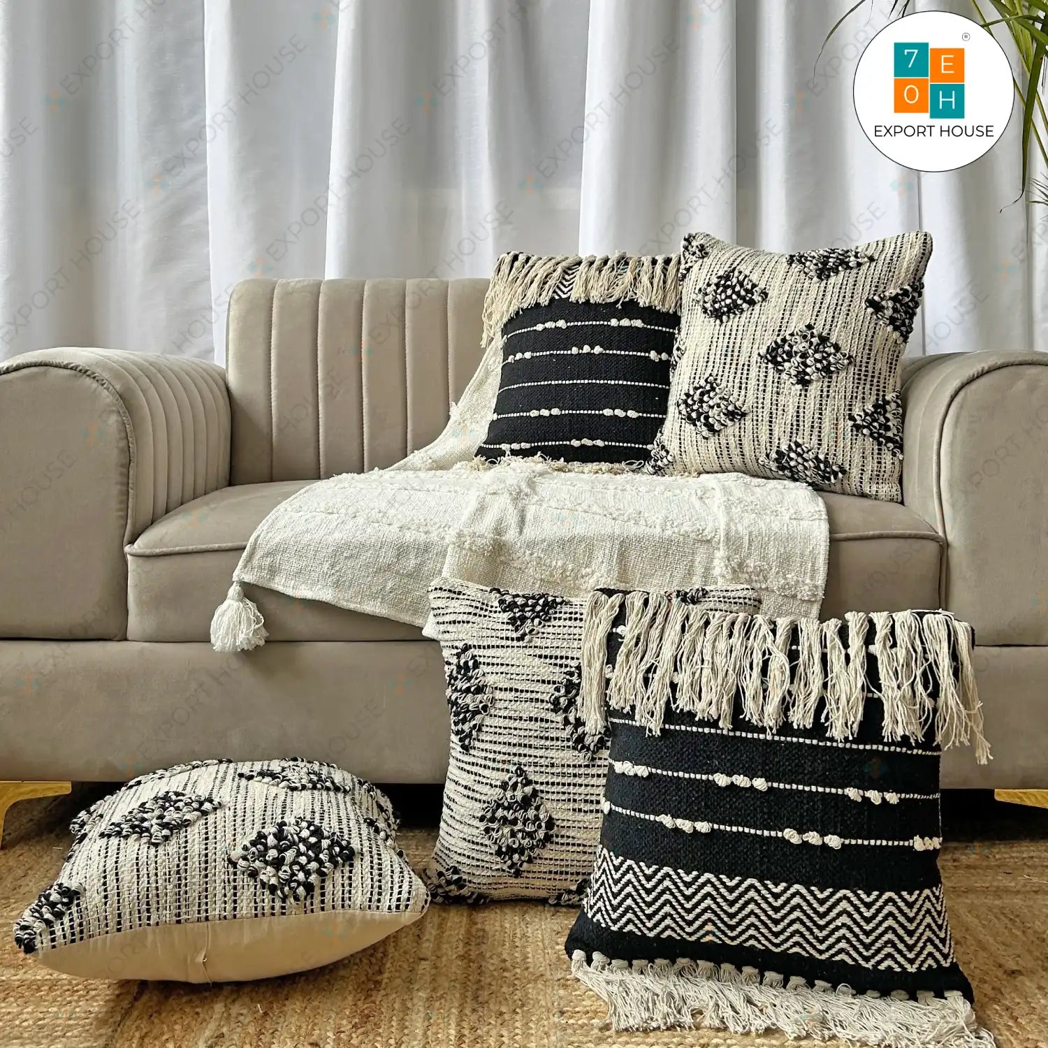 Cotton Boho Cushion Cover - Premium Set of 5, Size:40cm X 40cm (16" X 16")