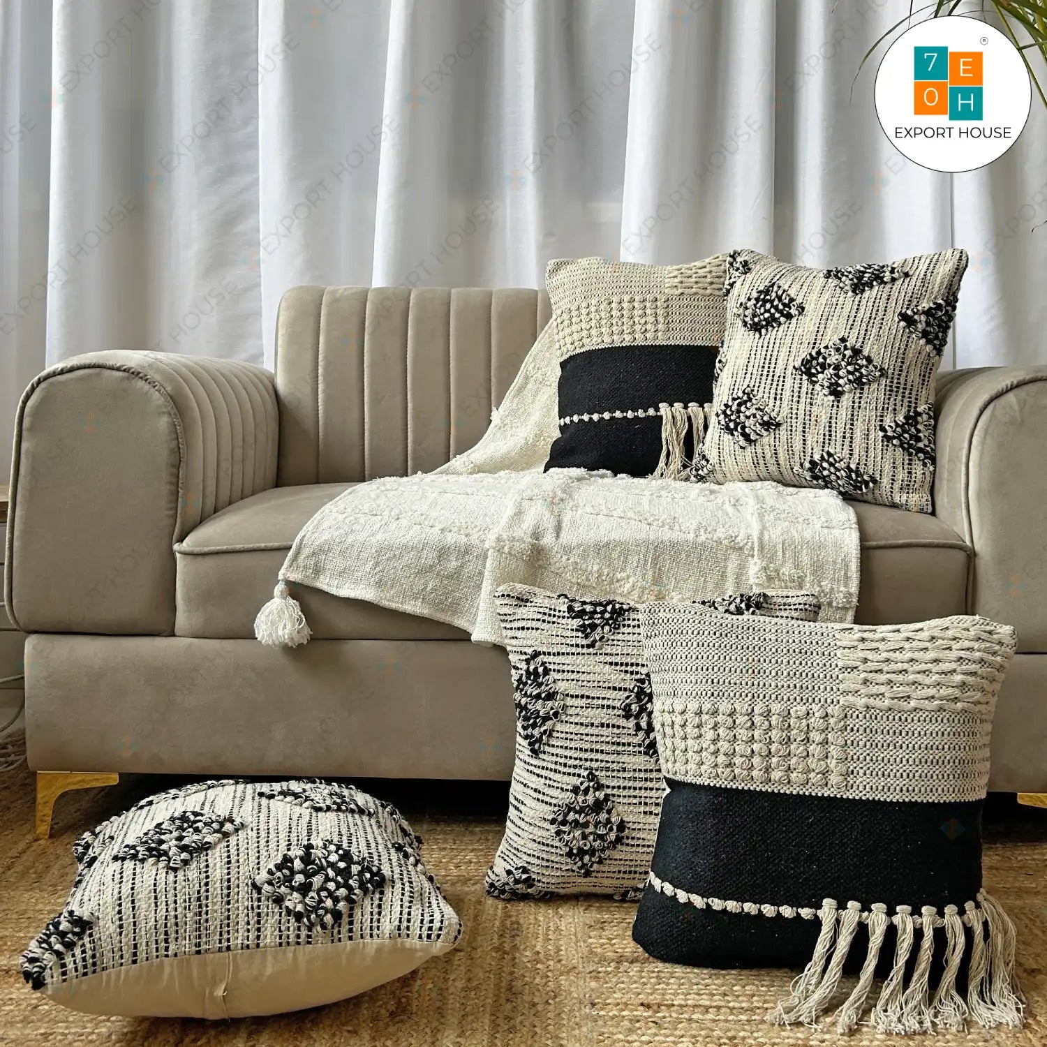 Cotton Boho Cushion Cover - Premium Set of 5, Size:40cm X 40cm (16" X 16")